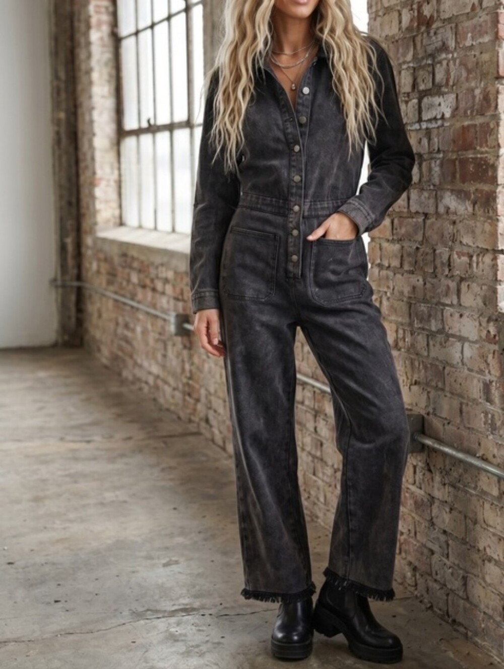 Umgee NWT Washed Black Denim Utility Jumpsuit Wide Leg Raw Hem